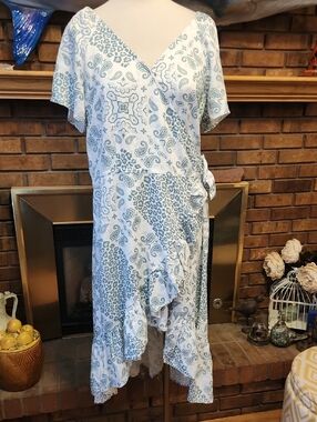 Wrangler Retro  Light Green Paisley Wrap Midi Dress with Ruffle Hem Animal Print